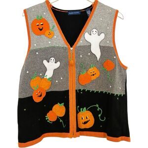Karen Scott VTG Ghost Pumpkin Halloween Vest M Grey Ramie Blend